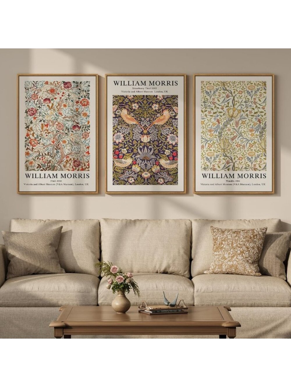 Set of 3 Large Framed Strawberry Thief Canvas Wall Art - Vintage Home Decor